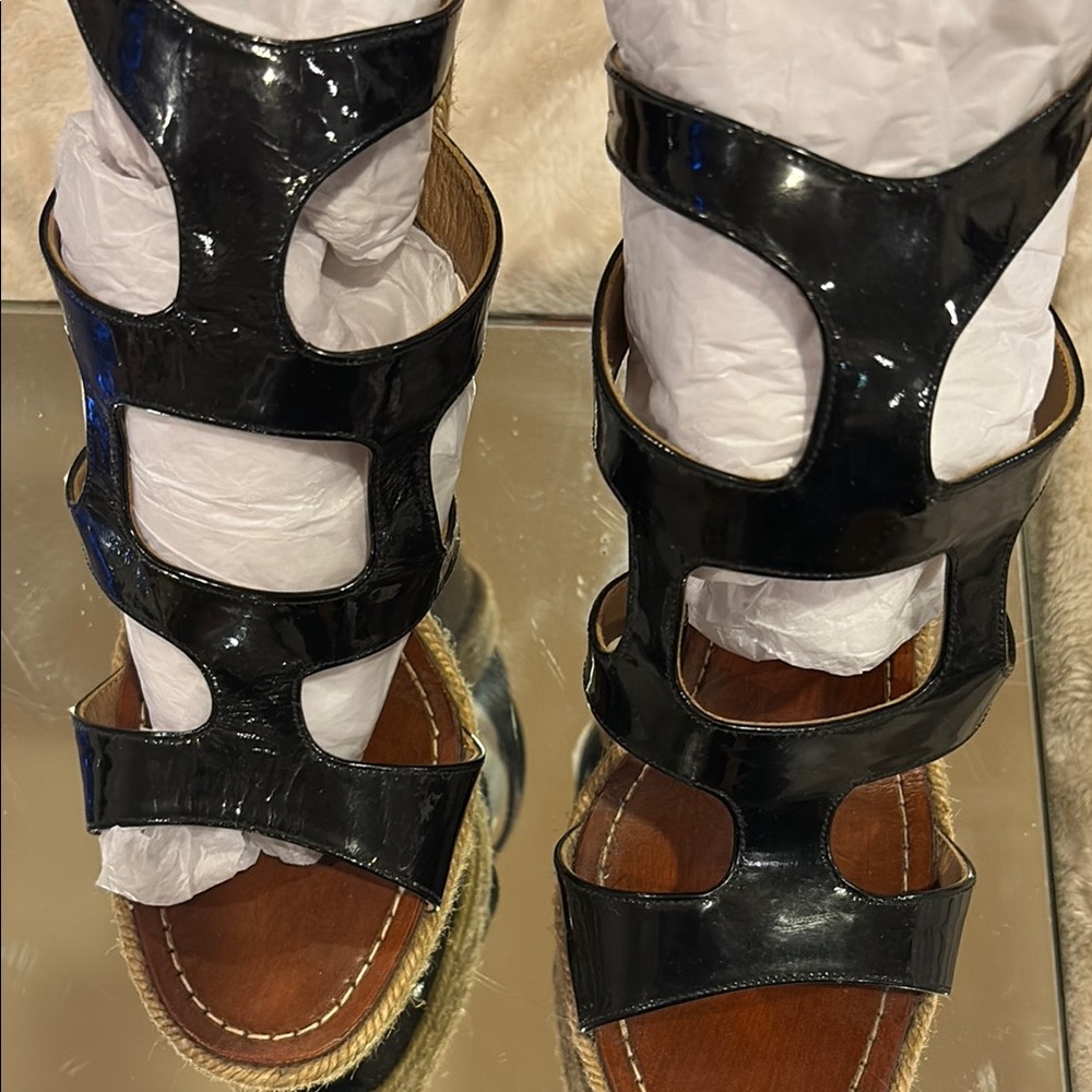 Christian Louboutin Black patent leather and Brown Woven Wedge Sandals